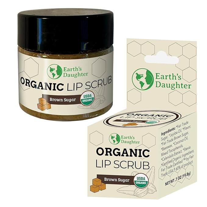 Organic Brown Sugar Lip Scrub – 0.7oz – USDA Organic Lip Exfoliator Scrub for Dry Lips - Fair Trade, Brown Sugar, Jojoba Oil, Beeswax, Coconut Oil - Lip Scrubber Exfoliator For Lip Care