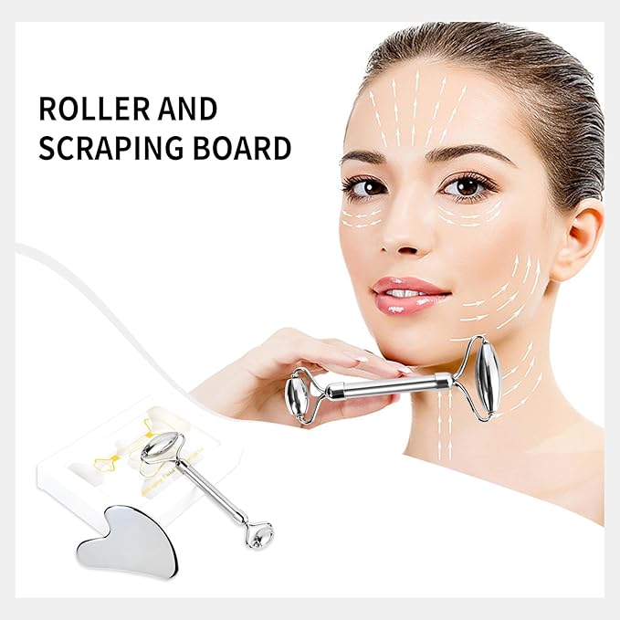 ONLYSKY BEAUTY Face Roller Gua-Sha Set Facial Roller kit for Face Skincare, Stainless-Steel Stone Sculpting Tool, Massager Roller for Skin Care,Gift for Men and Women