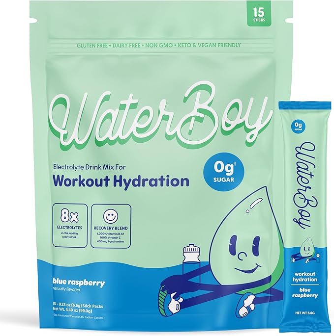 Waterboy Workout Hydration | 2,960mg Sugar Free Electrolyte Powder Packets | L-Glutamine + Vitamins | No Sugar, All Natural, Gluten Free | 15 Drink Stick Mixes (Blue Raspberry)