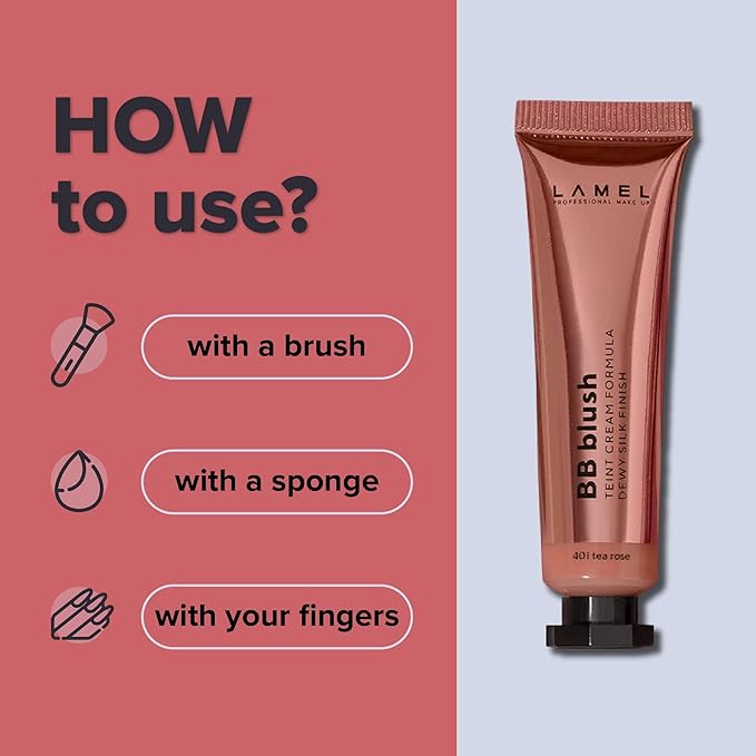 Lamel BB Blush Cheek Makeup - Lightweight and Long Lasting Liquid Blush - Blendable Cream Blush for Cheeks, Natural Finish Cream Contour - Nude Liquid Blush, 401 (Tea Rose) -10ml/0,33fl.oz