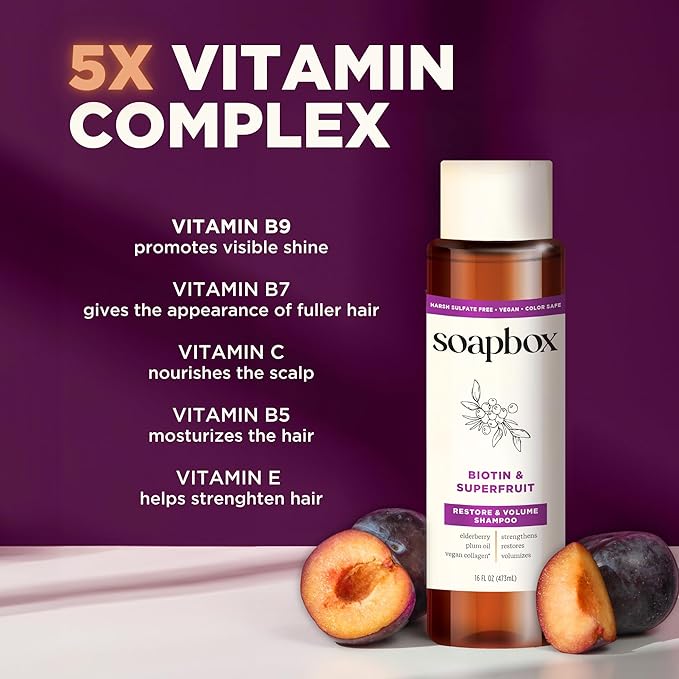 Soapbox Biotin Shampoo, Biotin & Collagen Super Fruit Shampoo for Thin, Fine, Thinning Hair | Volumizing & Repairing to Promote Hair Growth, Strength, Fullness, 1 Liter Pump Bottle