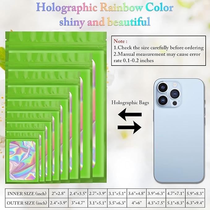 100 Pack Holographic Bags,Smell Proof Packaging Bags, Clear Window Resealable Odor Foil Pouch Mylar Bags for Food Storage and Lipgloss, Jewelry Lash(Green, 2.4 x 3.9 Inch)