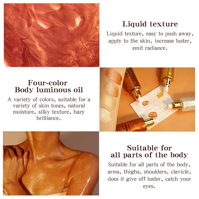 Shimmer Body Oil, Highlighter Makeup Smooth Glitter Glow Liquid Foundation for Face & Body,Liquid Illuminator Body Shimmer Lotion for Women (4# Golden Brown)