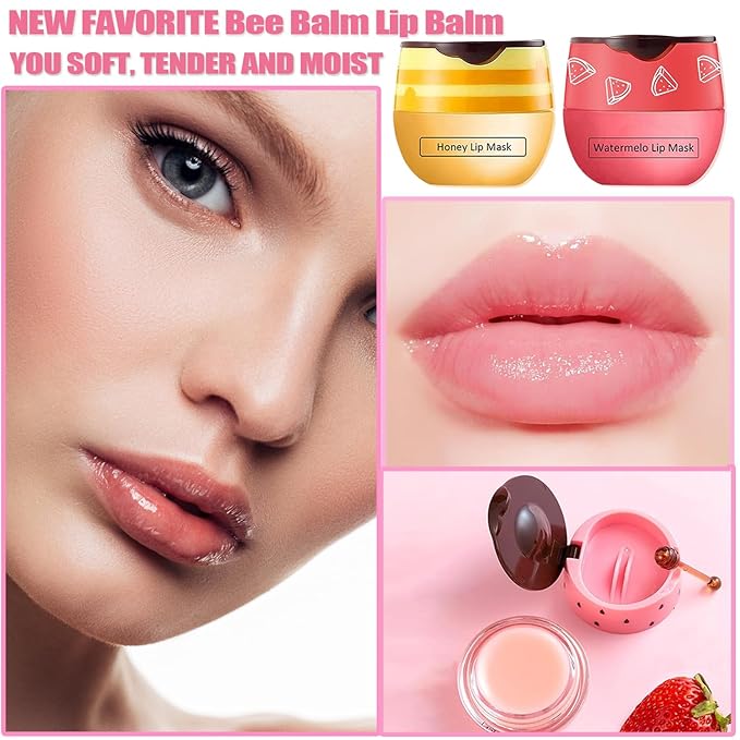 3 PCS Bee Lip Balm Honey Pot, Honey&Strawberry&Watermelon Lip Sleeping Mask Hydrating Prevention Dry and Cracked Lip Scrubs Exfoliator Lip Care, Overnight Lip Mask Reduces Lip Lines