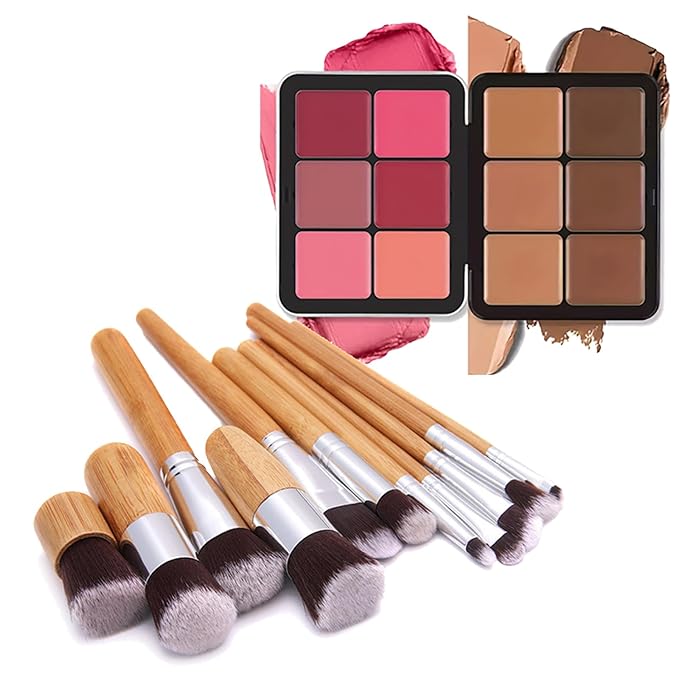 Makeup Blush Palette + Cream Contour Palette Kit, with 11 Pcs Complete Makeup Brushes, Contouring Concealer Palette for Medium Dark Skin to Conceals Dark Circles, Redness, Acne, Blemish