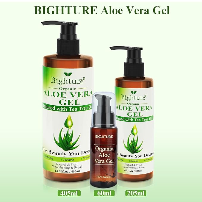 Organic Aloe Vera Gel with Tea Tree Oil for Face & Body, Freshly-cut Aloe Vera Gel Ideal for Skin, Scalp, & Hair Hydration, Calming Moisturizer for Soothing After Sun Care Relief, 6.93 oz