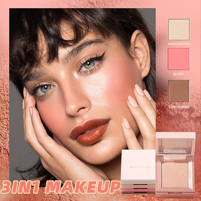 3 in 1 Contour Highlighter Blush Makeup Palette Kit, Matte Shimmer 3 Colors Highlighting Bronzing Blusher Eyeshadow Pallet, Long Lasting Full Face Eyes Contouring Shaping Makeup Set with Mirror