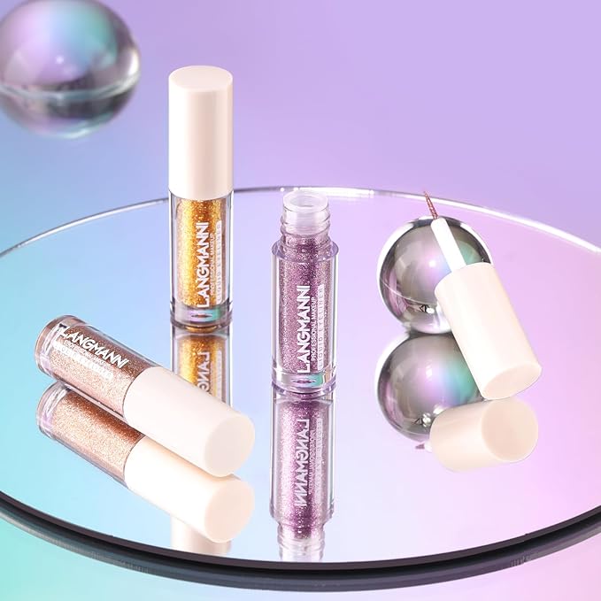 LANGMANNI 10Pcs Liquid Glitter Eyeshadow Korean Makeup Set, Shimmer,Pigmented,Long Lasting,Quick Drying,Easy to Apply Crystals Glitter Eyeshadow (10pcs Set)