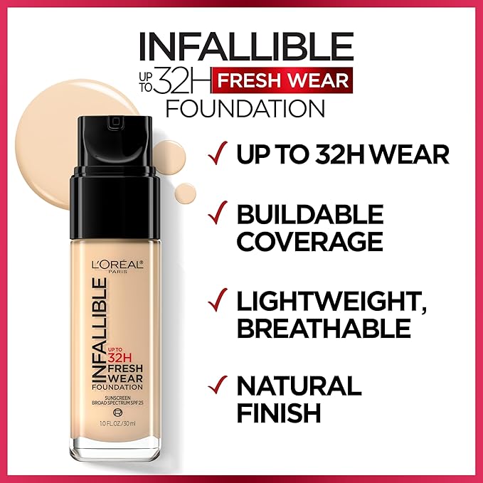 L'Oreal Paris Makeup Infallible Up to 32 Hour Fresh Wear Lightweight Foundation, 460 Golden Beige, 1 Fl Oz, Packaging May Vary