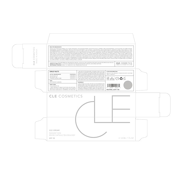 CLE Cosmetics CCC Cream (Neutral Light 103 / SPF 50) - Color Correcting, Hydrating Hybrid CC Cream with Sunscreen - Light to Medium Coverage Foundation - 1 fl oz