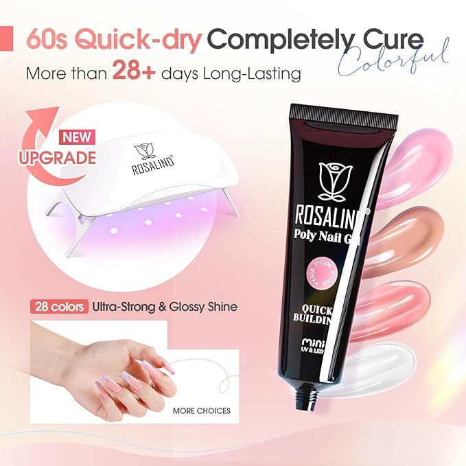 ROSALIND 28 Colors Poly Nail Gel Kit with Mini U V/LED Lamp White Nude Poly Nails Gel Kit Starter Kits With Slip Solution Pink Extensions Set for Nail Manicure Beginner