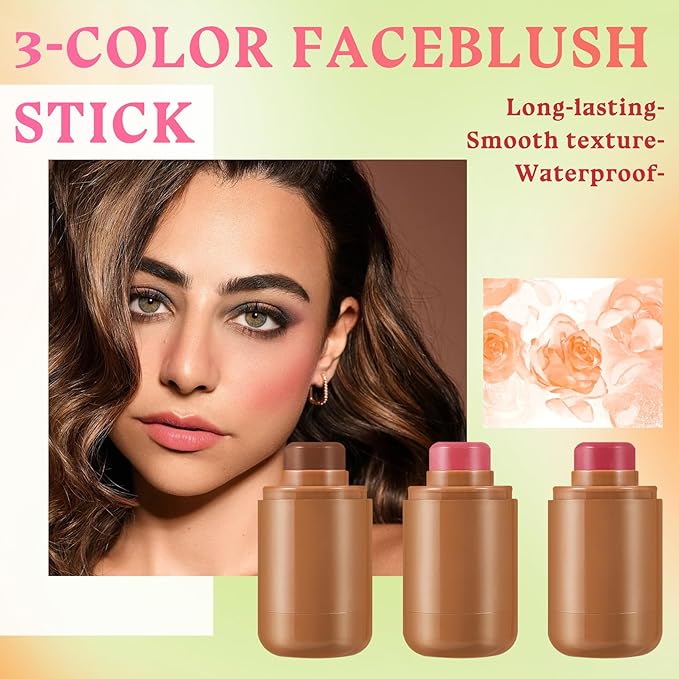 3PCS Blush Stick for Cheeks,Multi-use Solid Matte Makeup Stick Blush Cream for Cheek Eyes and Lips Tint,Moisturizing Tinted Cream Blush,Natural Blendable Cheek Blusher with 3 Makeup Sponges A4