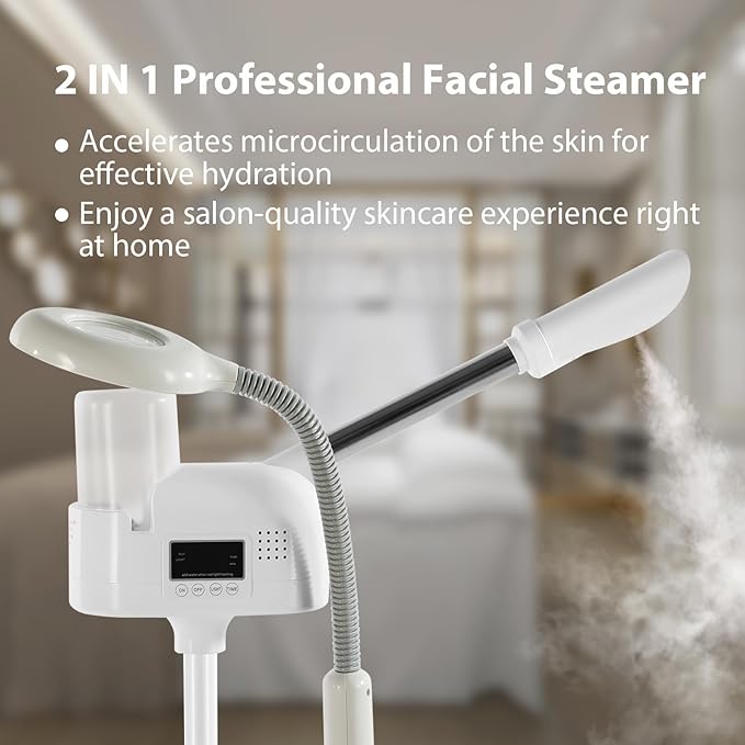Professional Facial Steamer 2 in1 Steamer for Face 5X LED Magnifying Lamp Facial Steamer for Esthetician Beauty Face Equipment Use at Home or Salon（White）