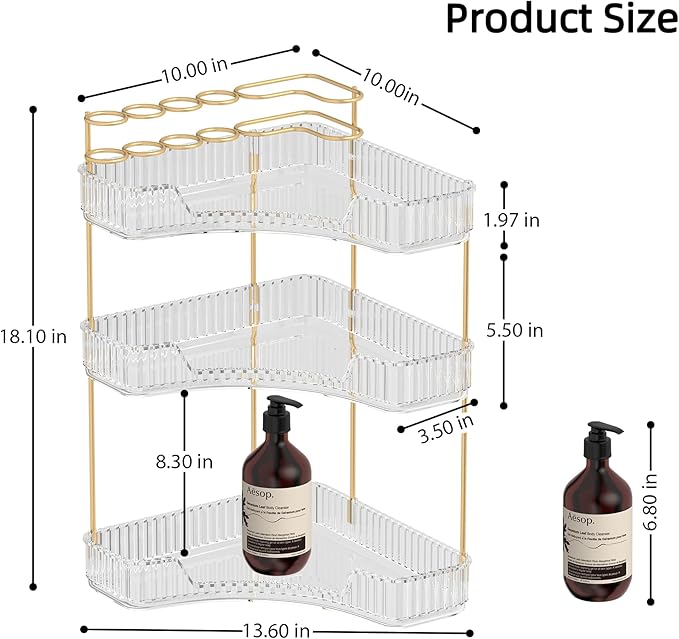 Makeup Organizer Countertop 3 Tier, Corner Bathroom Countertop Organizer with Toothbrush and Makeup Brush Holder, Corner Vanity Tray for Skincare Organization