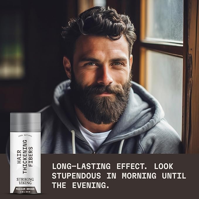 Striking Viking Hair Fibers for Thinning Hair (Medium Brown) 28g - Naturally Derived - Long Lasting Powder, Undetectable, Thicker Look for Men & Women