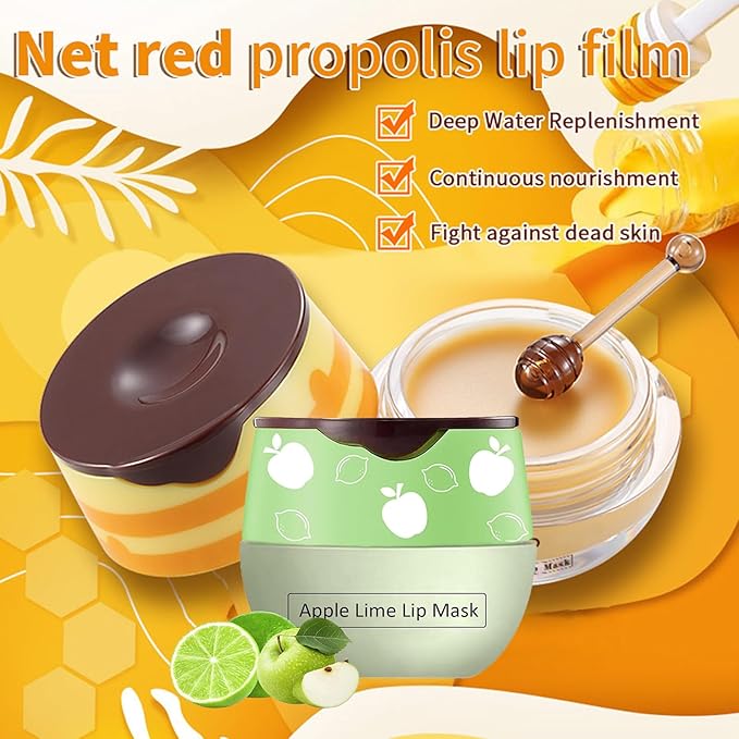 Bee Lip Balm Honey Pot, Strawberry & Honey Moisturizing Propolis Lip Mask, Hydrating & Prevention Dry and Cracked Lip Scrubs Exfoliator, Reduces Lip Lines (Green Yellow Pink)