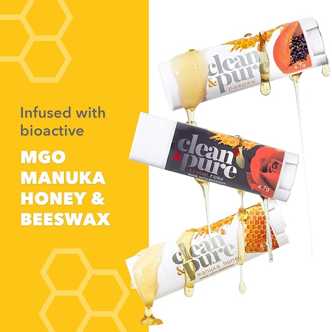 Bee Sweet Lip Balms, 3 Pack | Manuka Honey Beauty Products | Lip Care Set With 100% All Natural Beeswax and Vitamin E Oil | Flavored Lip Balm for Dry, Chapped Lips | Made in Australia