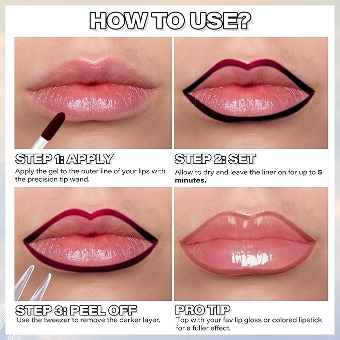 Cilrofelr Peel Off Lip Liner Stain with Tweezer, Long Wear Tattoo Lip Liner, Peel Off Lip Stain with Matte Finish, Long Lasting, Waterproof, Transfer-proof, Highly Pigmented Color (Buff)