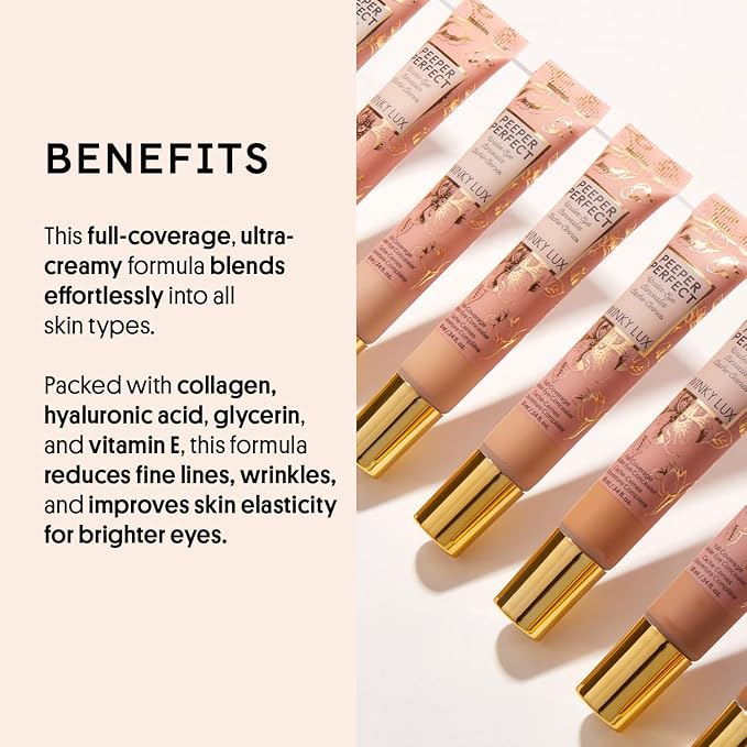 Winky Lux Peeper Perfect Under Eye Concealer, Makeup & Eye Brightener, Full Coverage Concealer for Dark Circles, Color Corrector & Eye Primer, With Collagen, Hyaluronic Acid & Vitamin E (Light)
