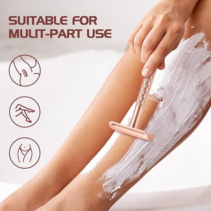 Double Edge Safety Razor for Women with Silicone Cover & 10 Blades for Travel Metal Eco-Friendly Reusable Single Blade Razor for Shaving (Rose Gold)