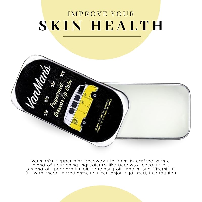 Vanman’s - Handmade Peppermint Beeswax Lip Balm (3 Pack) - Peppermint Lip Balm with Rosemary, Almond and Coconut Oil - Bee Balm with Vitamin E - Ideal for Dry Lips