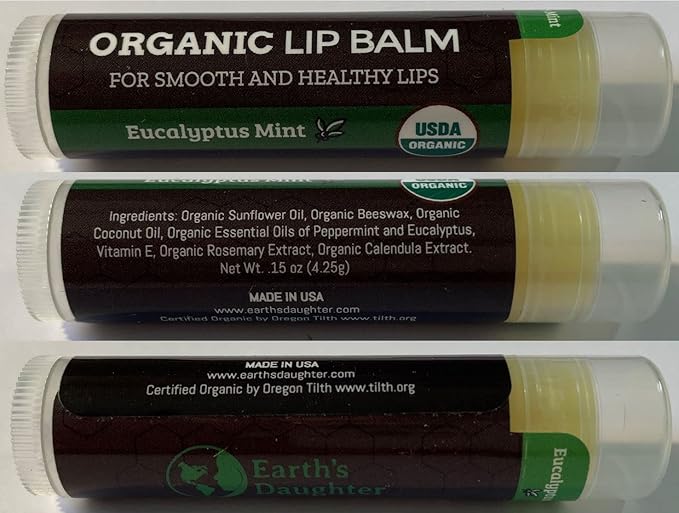 USDA Organic Lip Balm 4-Pack by Earth's Daughter - Eucalyptus Mint Flavor, Beeswax, Coconut Oil, Vitamin E - Best Lip Repair Chapstick for Dry Cracked Lips.