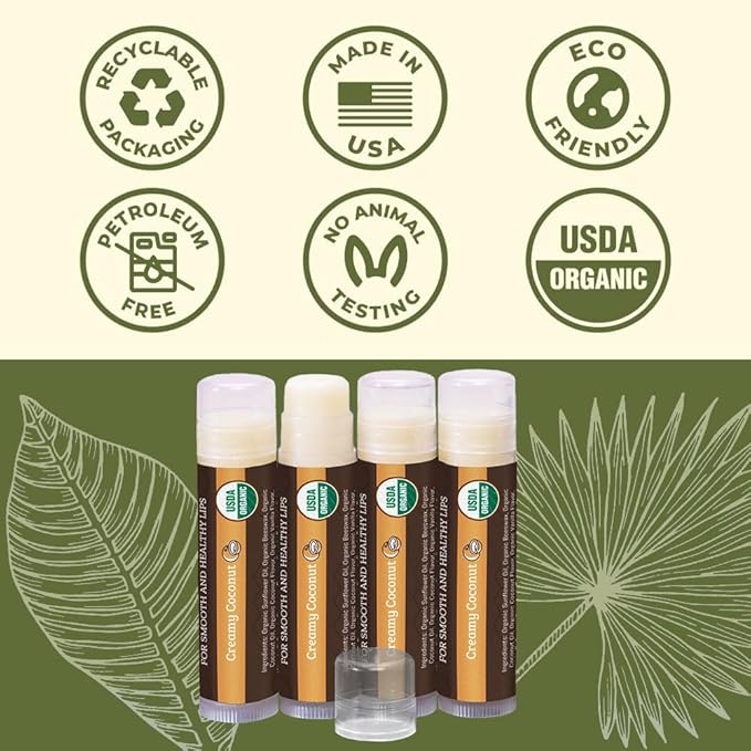 USDA Organic Lip Balm 4-Pack by Earth's Daughter - Creamy Coconut Flavor, Beeswax, Coconut Oil, Vitamin E - Best Lip Repair Chapstick for Dry Cracked Lips
