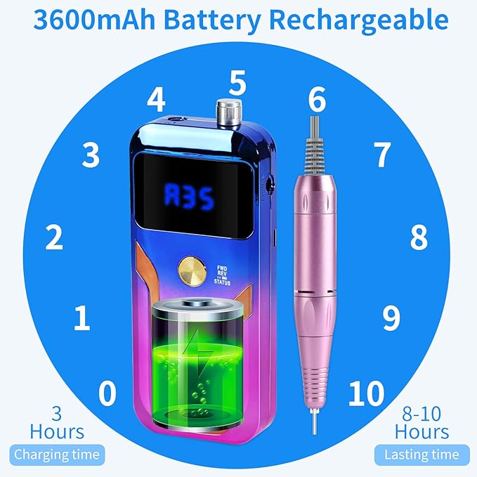 Portable Nail Drill Professional 35000 RPM, MOCOWIND Rechargeable Electric Nail File Machine for Acrylic Nails Gel Polishing Removing, Cordless E-File with Bits for Manicure Salon Home, Blue & Purple