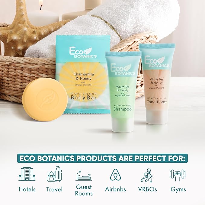 Eco Botanics Hotel Soaps and Toiletries Bulk Set | 1-Shoppe All-In-Kit Amenities for Hotels & Airbnb | 0.85 oz Hotel Shampoo & Conditioner, 0.89 oz Bar Soap Travel Size | 150 Pieces