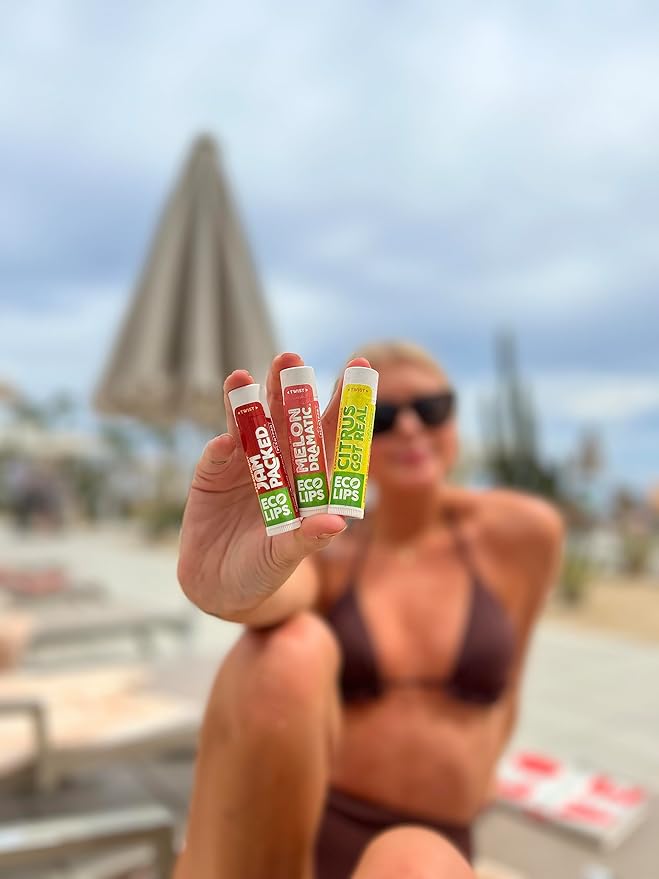 Eco Lips Freshly Squeezed Organic Fruit Lip Balms - Citrus Got Real (Lemon/Lime), Melondramatic (Watermelon), Jam Packed (Strawberry) Plastic-Free Plant Pod 6-pack by Eco Lips 100% Natural.