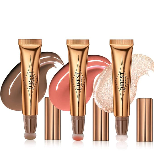 3Pcs Contour Beauty Wand,Liquid Face Concealer Contouring with Cushion Applicator,Liquid Blush Shading Bronzer Stick Natural Matte Finish, Lightweight Blendable Super Silky Cream Contour Stick Makeup