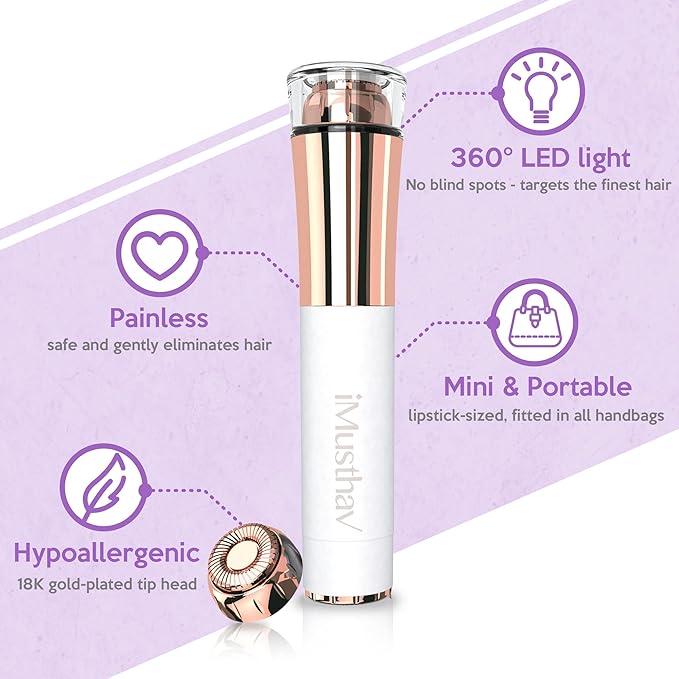 Portable Facial Hair Remover for Women – Painless, Fast & Precise Flawless Electric Razor & Epilator for Face, Lips, Chin Hair Removal – 18K Gold-Plated, 360° LED Light