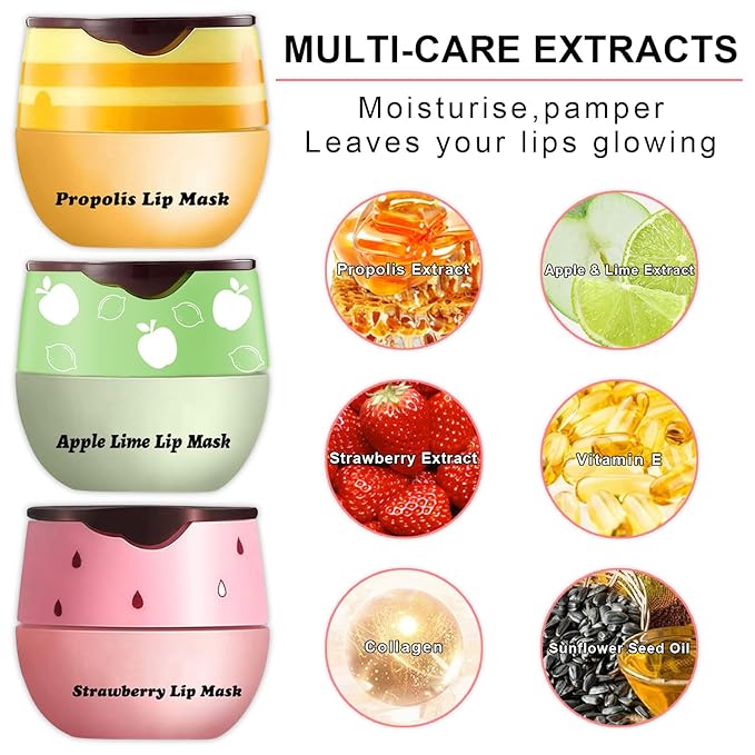 3Pcs Lip Balm Honey Pot with Stick, Honey Strawberry Apple Moisturizing and Hydrating Sleeping Lip Mask, Day and Night Repair and Care, Improve Lip Color, Reduce Lip Lines (SET A)