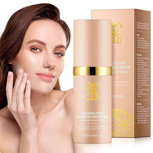 Colour Changing Foundation Liquid 4 in 1, Foundation for Older Women, Hydrating Longwearing & Waterproof Concealer, SPF 50+ Makeup Base Nude Face, Medium Spectrum for all Skin