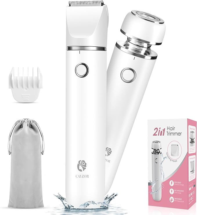 Bikini Trimmer and Shaver Kit for Women - 2-in-1 Wet/Dry Electric Body Hair Trimmer Facial Hair Removal Cordless Waterproof Bikini Shaver Razor for Face Lip Chin Pubic Underarm Legs (White)