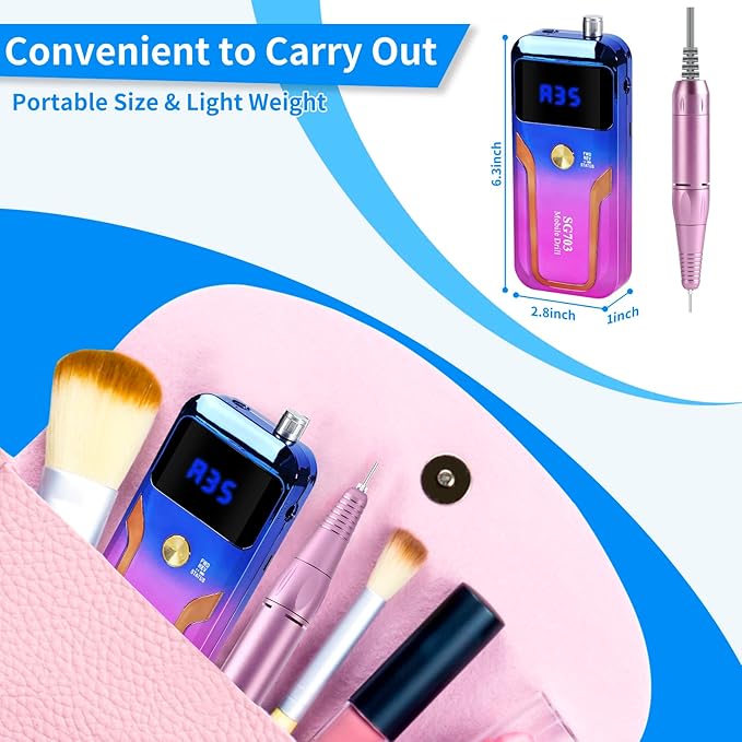 Portable Nail Drill Professional 35000 RPM, MOCOWIND Rechargeable Electric Nail File Machine for Acrylic Nails Gel Polishing Removing, Cordless E-File with Bits for Manicure Salon Home, Blue & Purple