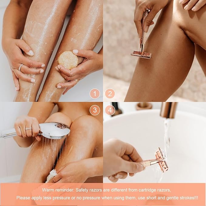 Matte Rose Gold Safety Razor, Single Blade Razors for Women, Reusable Metal Razor, with 10 Stainless Steel Double Edge Blades, Eco-friendly, Smooth & Close Shave, Plastic Free