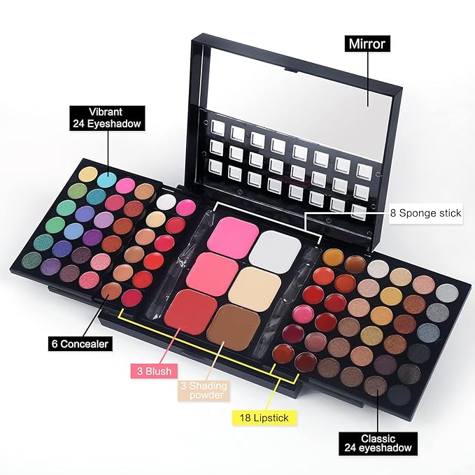 Full Makeup Kit with Applicator - 78 Color Cosmetic Gift Set Include Eyeshadow/Lipstick/Blush/Contour/Concealer, Mascara, Lip Liner, Eyeshadow Primer, Eyebrow Powder, Sponge and 8pcs Makeup Brush