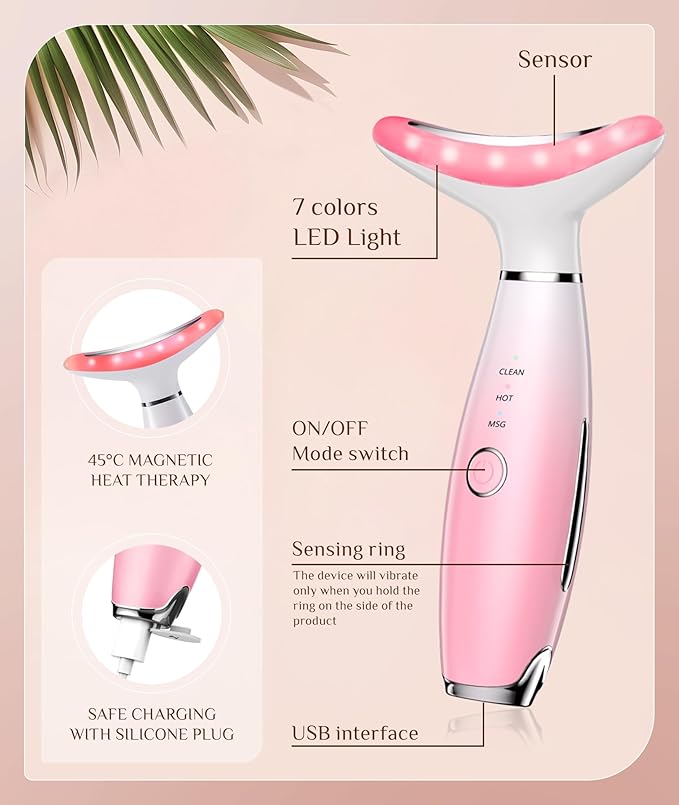 7 Color Galvanic Machines - Red Light Therapy for Face and Neck, Face Massager Tool for Wrinkles, Double Chin, Vibrating Facial Massager with Thermals, Pink