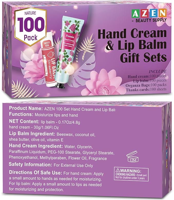 AZEN 100 Sets Hand Cream Bulk and Lip Balm Bulk Set, Bridal Shower Gifts for Guests with Organza Bag Thank You Card, Thank You Gifts for Coworkers Women Men, Bridal Wedding Favors for Guests
