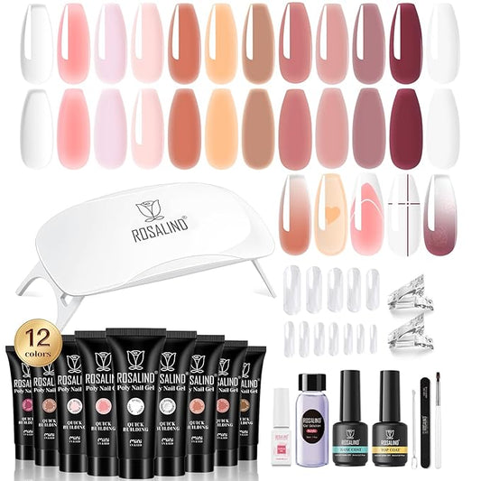 ROSALIND Poly Nail Gel Kit -12 Colors + Nail Art Accessories Kit Summer Neon Poly Nails Gel Kit Starter Kit With Slip Solution Pro Bright Colors Nail Extensions Gel Set with Mini UV Lamp