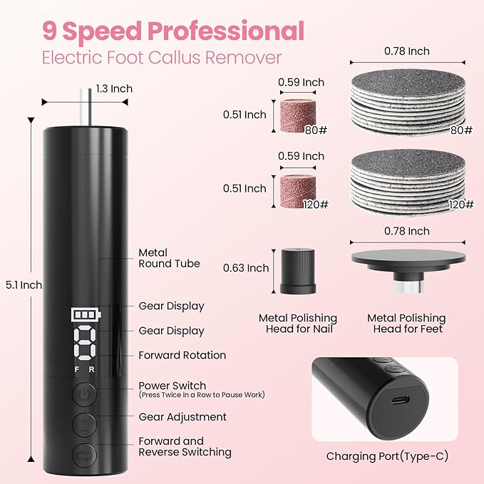 Electric Callus Remover for Feet, Rechargeable Professional Electronic Foot File Nail Grinder,9 Adjustable Speed Foot Sander Scrubber Pedicure Tool for Dry Dead Skin with Sandpaper Discs (Black)