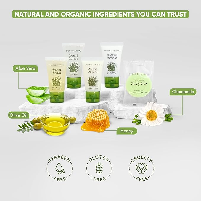 Desert Breeze Hotel Soaps and Toiletries Bulk Set | 1oz Hotel Shampoo & Conditioner, Body Wash, Body Lotion & Bar Soap | Travel Size Toiletries 300 Pieces