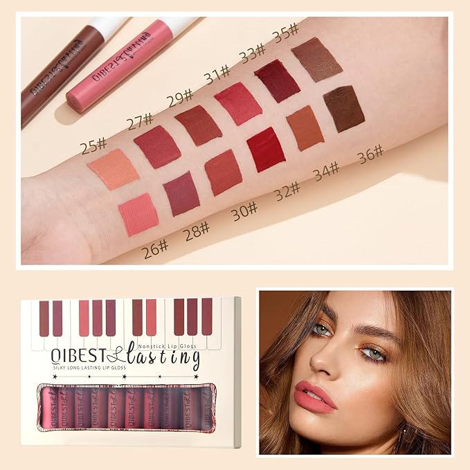 12Pcs Makeup Matte Lipstick Lip Kit, Warm Neutrals & Vintage Reds Non-Stick Cup Not Fade Liquid Lipstick Waterproof Long Lasting Durable Nude Lip Gloss Beauty Cosmetics Gift Box Makeup Set Kit