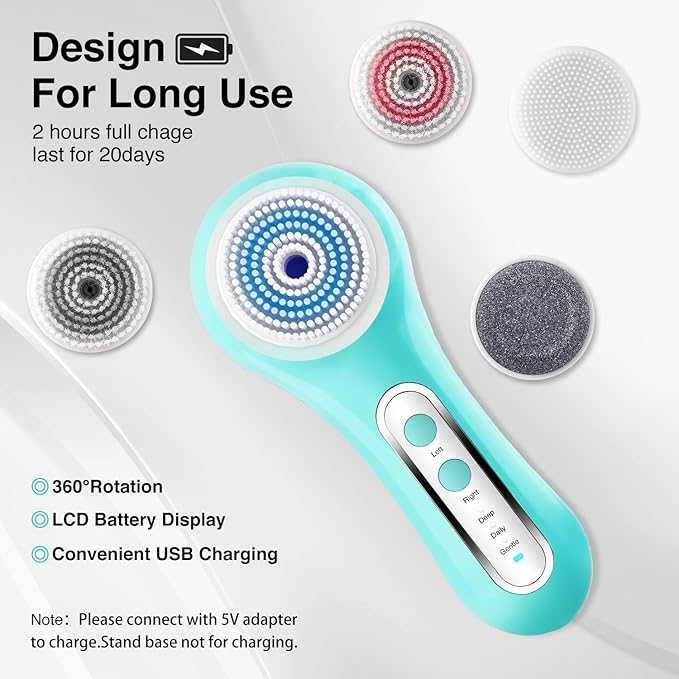 Face Scrubber Exfoliator,Facial Cleansing Brush Rechargeable IPX7 Waterproof with 5 Brush Heads,Electric Face Spin Brush for Exfoliating, Massaging and Deep Cleansing