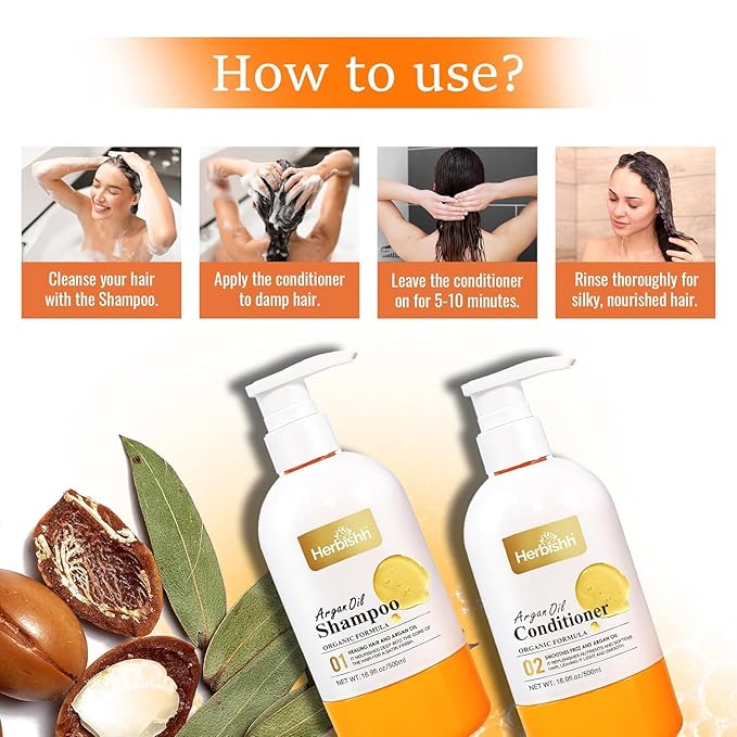 Herbishh Argan Hair Mask (150ml) + Argan Oil Shampoo & Conditioner (16.9 fl.oz Each) Hair Care Set – Deep Cleansing & Hydration, Ideal for Repairing Dry, Frizzy & Colored Hair – Sulfate & Paraben Free