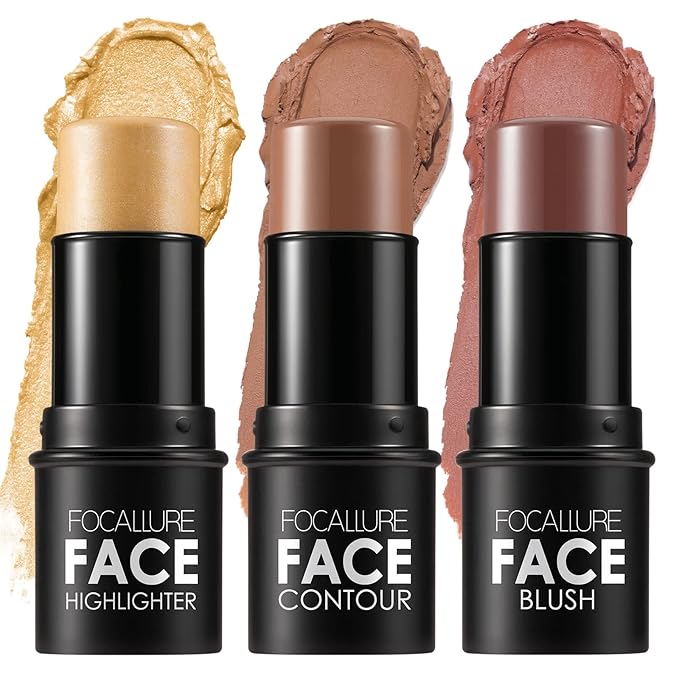 FOCALLURE 3 Pcs Cream Contour Sticks,Shades with Highlighter & Bronzer & Blush,Non-greasy Long-wear Face Contouring Pen,Easy to Sculpt the Face and Create a Lightweight Finishing Makeup,MEDIUM-WARM