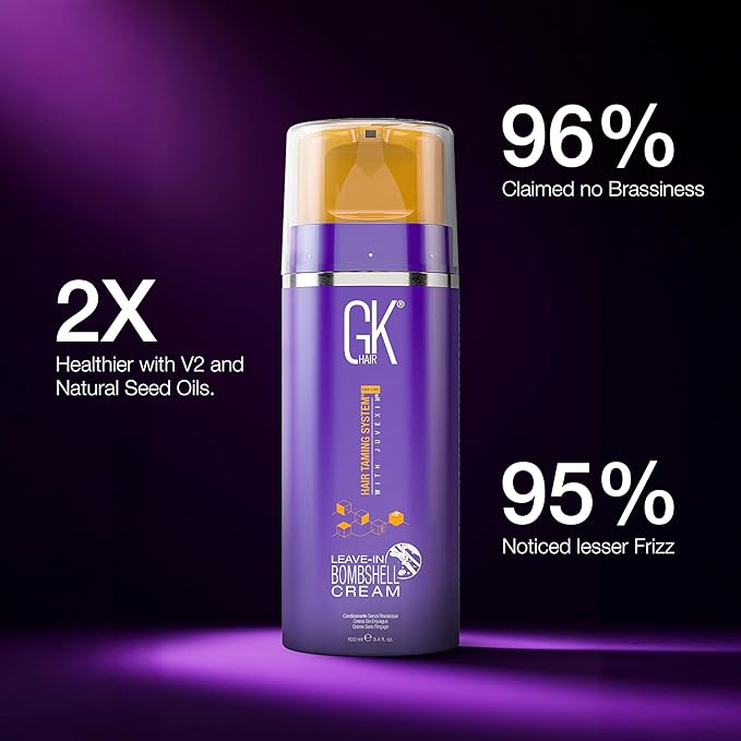 GK HAIR Global Keratin Leave In Bombshell Purple Cream (3.4 Fl Oz/100ml) Conditioning Smoothing Moisturizing Hydrating Frizz Control for Blonde Damaged Hair Removes Yellow Brassy Tones Flyaways