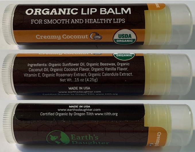 USDA Organic Lip Balm 4-Pack by Earth's Daughter - Creamy Coconut Flavor, Beeswax, Coconut Oil, Vitamin E - Best Lip Repair Chapstick for Dry Cracked Lips