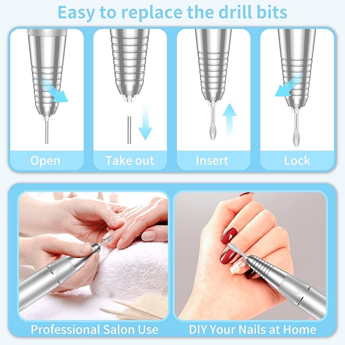 Portable Nail Drill Professional, 35000 RPM Rechargeable Electric Nail File Machine E File for Acrylic Nails Gel Polishing Removing, Cordless E-file with Bits Kit for Manicure Salon Home,Blue